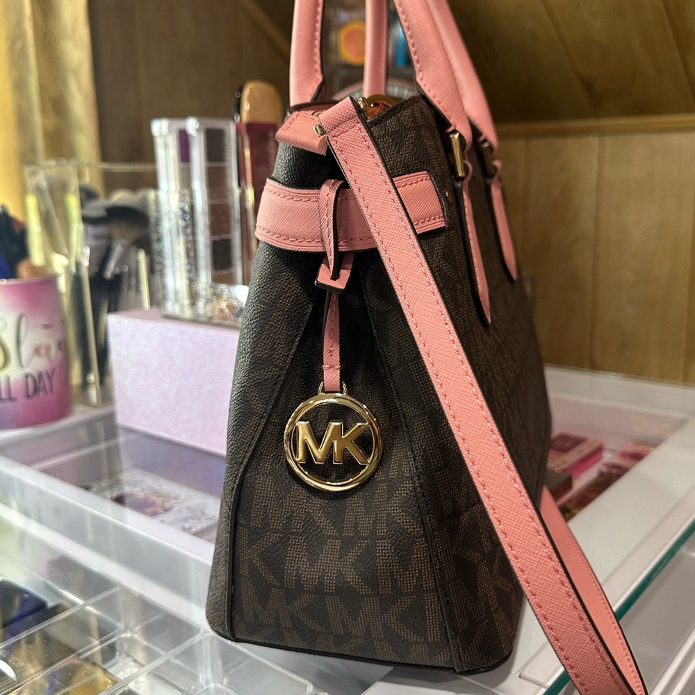 Michael Kors Brown Signature Satchel with Pink Trim - Picture 2 of 11